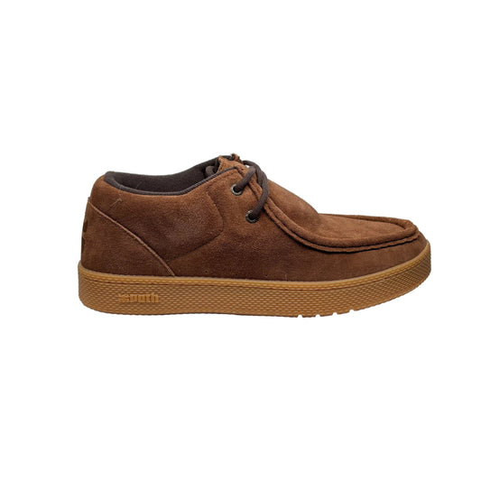 side view of brown suede shoe with gum sole