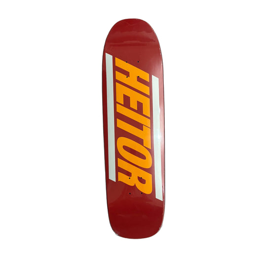 Red skateboard deck with 'HEITOR' branding on a white surface.
