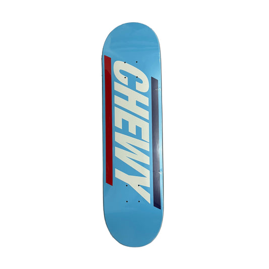 Skateboard deck with 'CHEWY' branding on a white surface