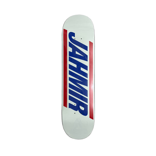 Skateboard deck with 'JAHMIR' branding on a white surface