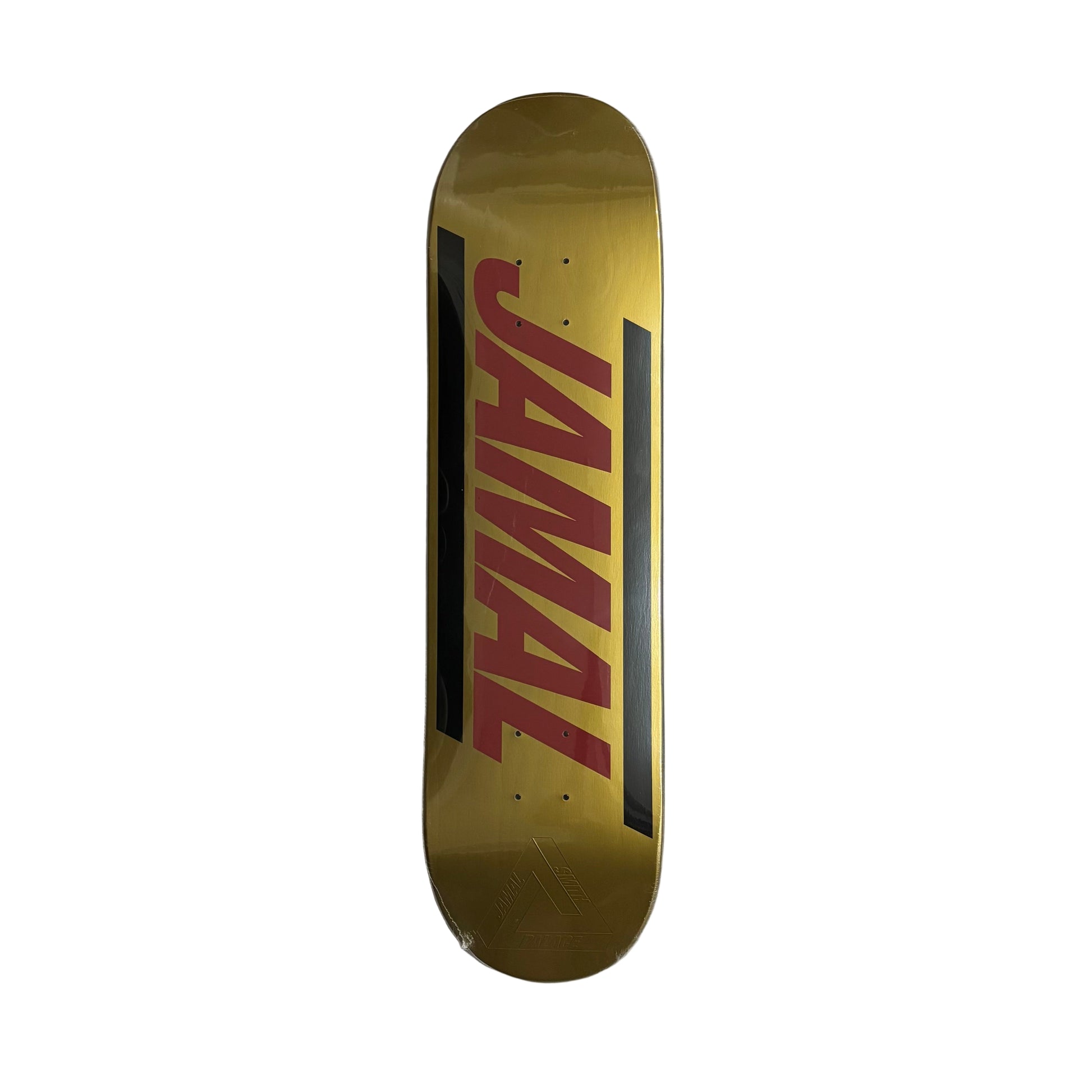 Gold skateboard deck with red text on a white surface