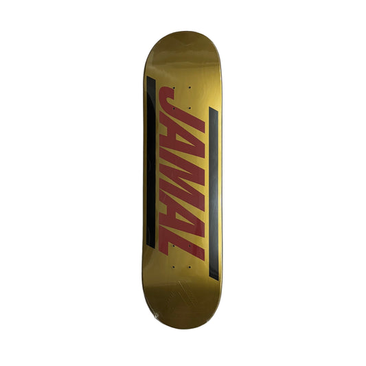 Gold skateboard deck with red text on a white surface