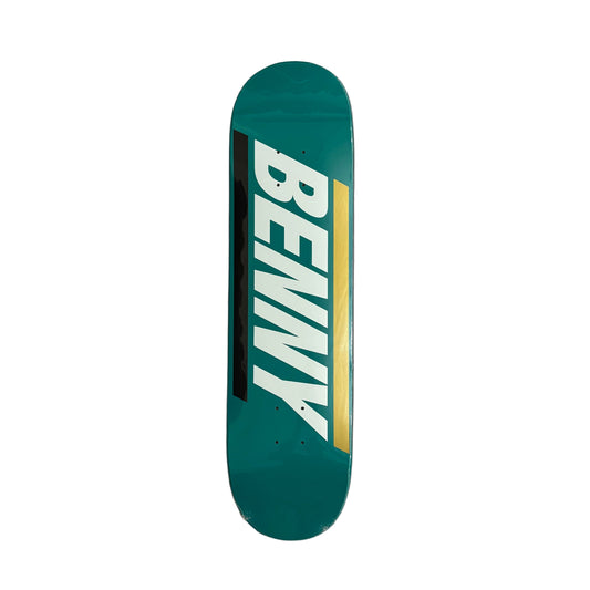 Skateboard deck with 'BENNY' branding on a white surface