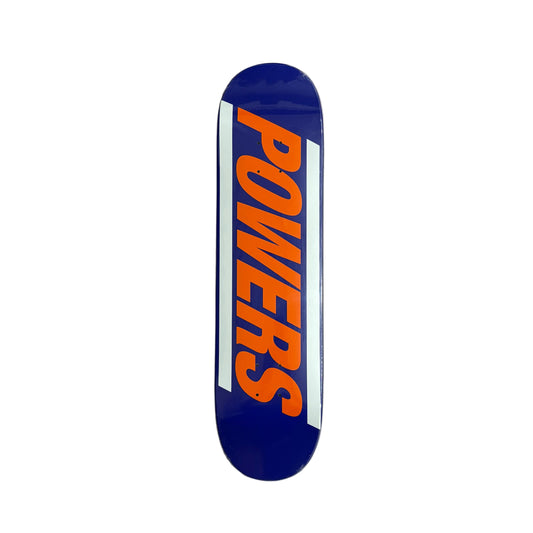 Skateboard deck with 'POWERS' branding on a white surface