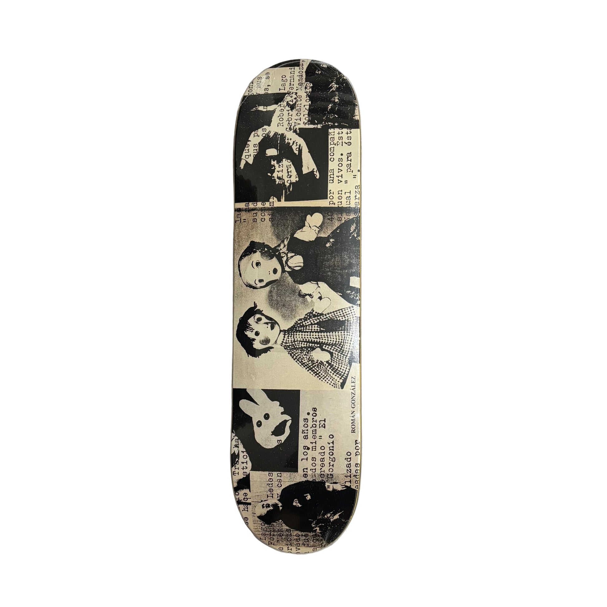 Skateboard deck with artistic design on a white surface