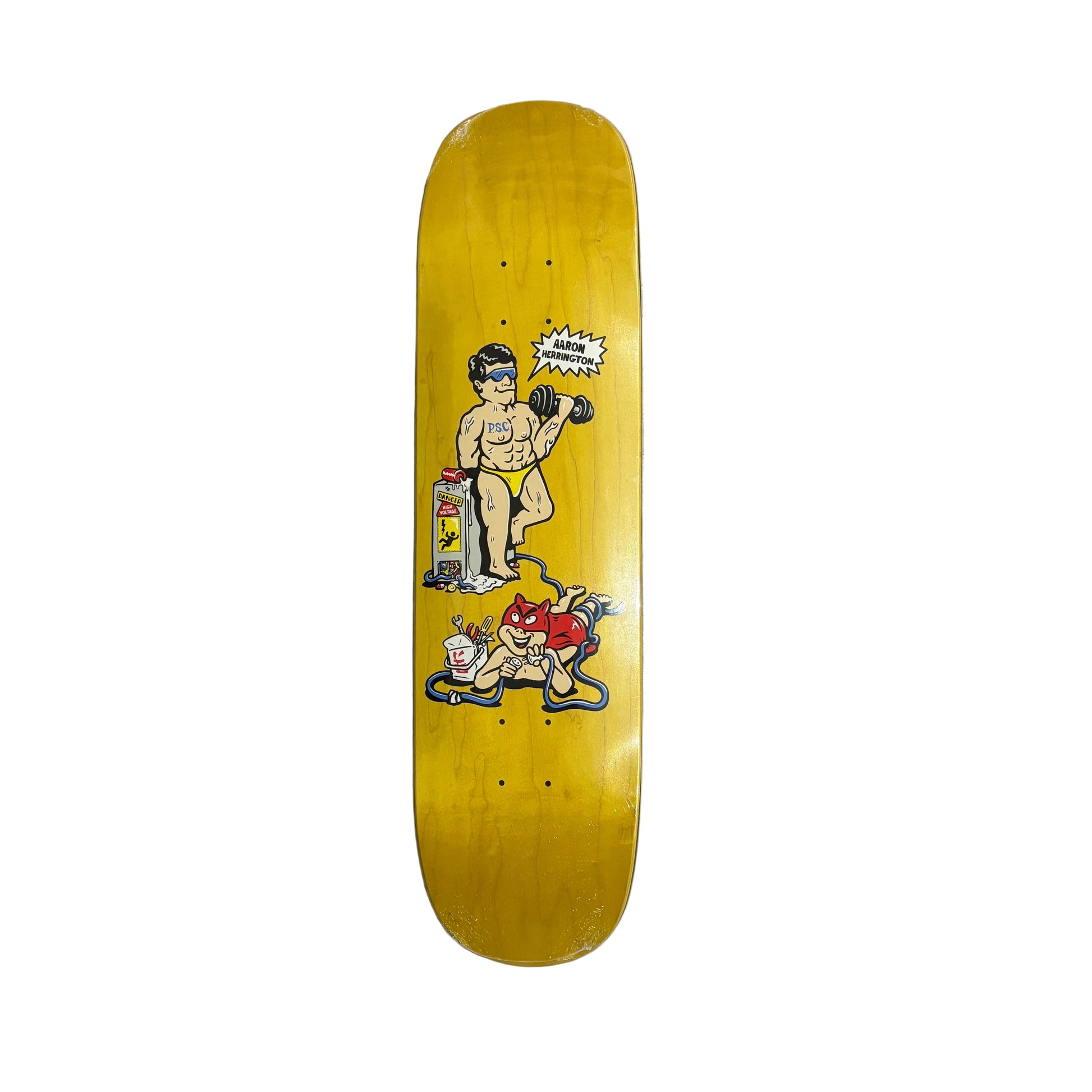Skateboard deck with graphic design on a white surface