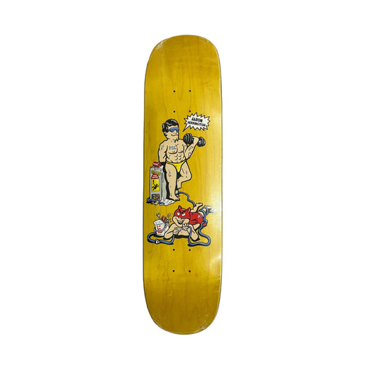 Skateboard deck with graphic design on a white surface