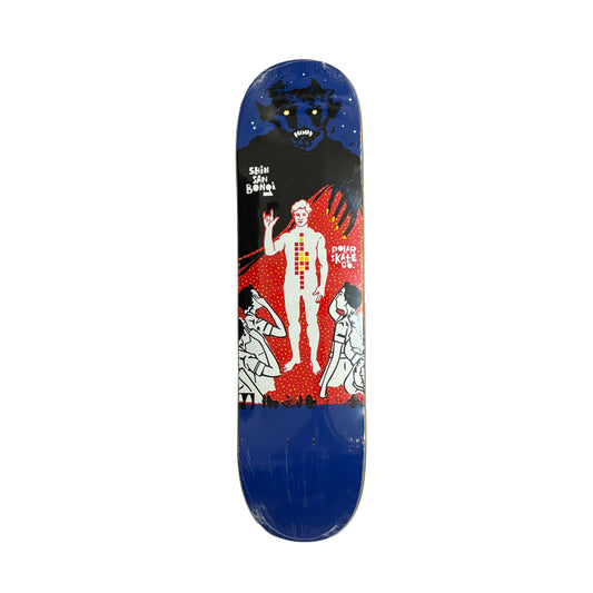 Skateboard deck with graphic design on a white surface