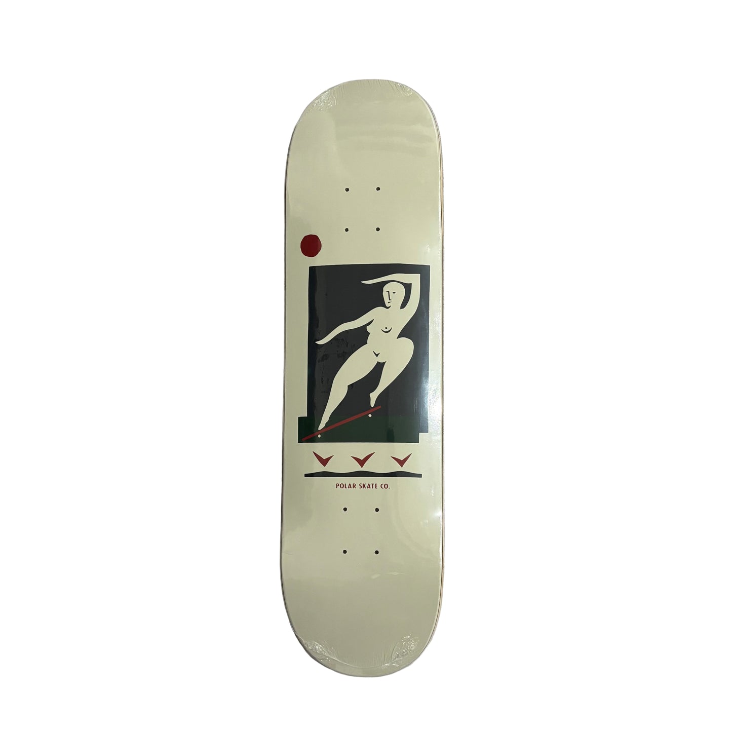 Skateboard deck with a graphic design on a white surface