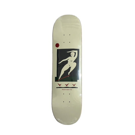 Skateboard deck with a graphic design on a white surface
