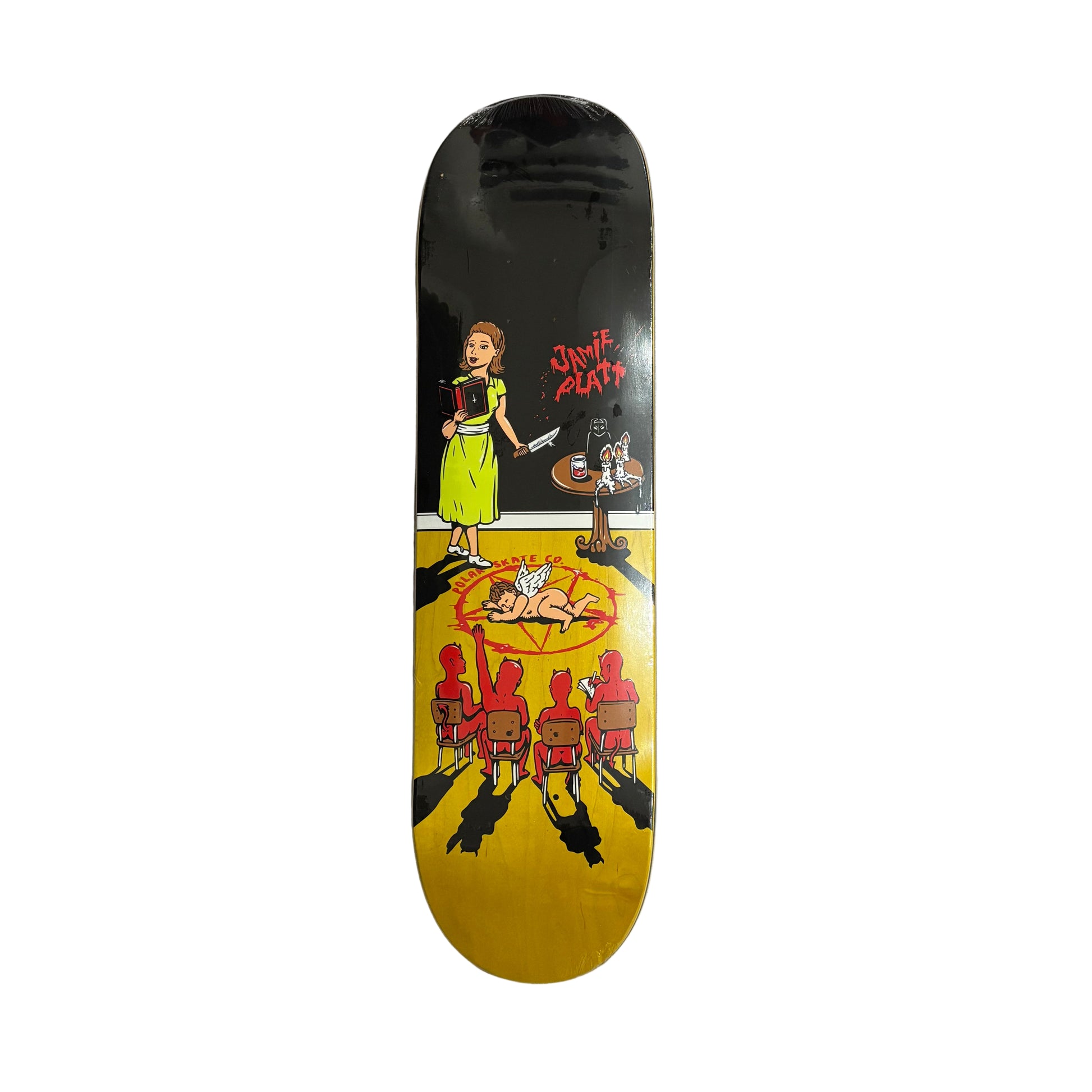 Skateboard deck with colorful graphic design on a white surface