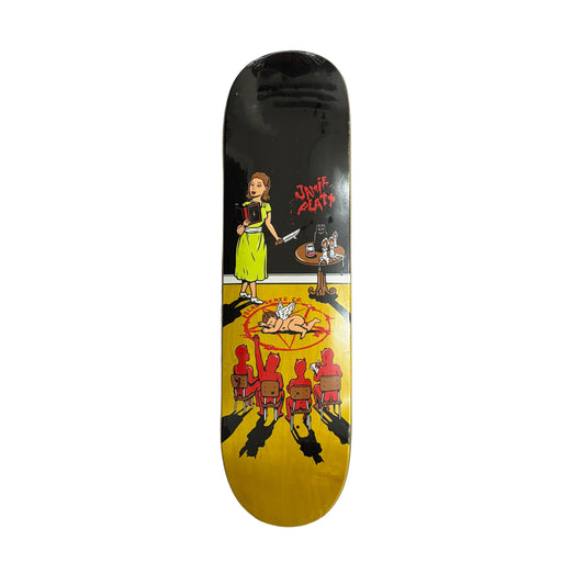 Skateboard deck with colorful graphic design on a white surface