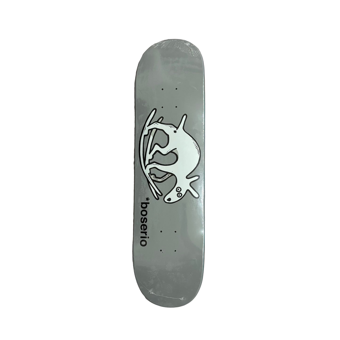 Skateboard deck with a white logo on a white surface