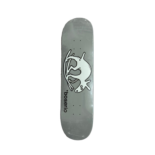 Skateboard deck with a white logo on a white surface