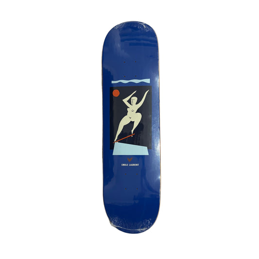 Skateboard deck with a graphic design on a white surface