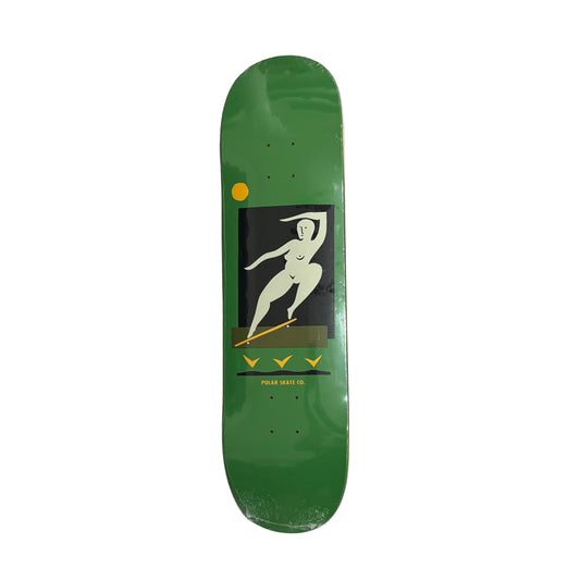 Green skateboard deck with a graphic design on a white surface