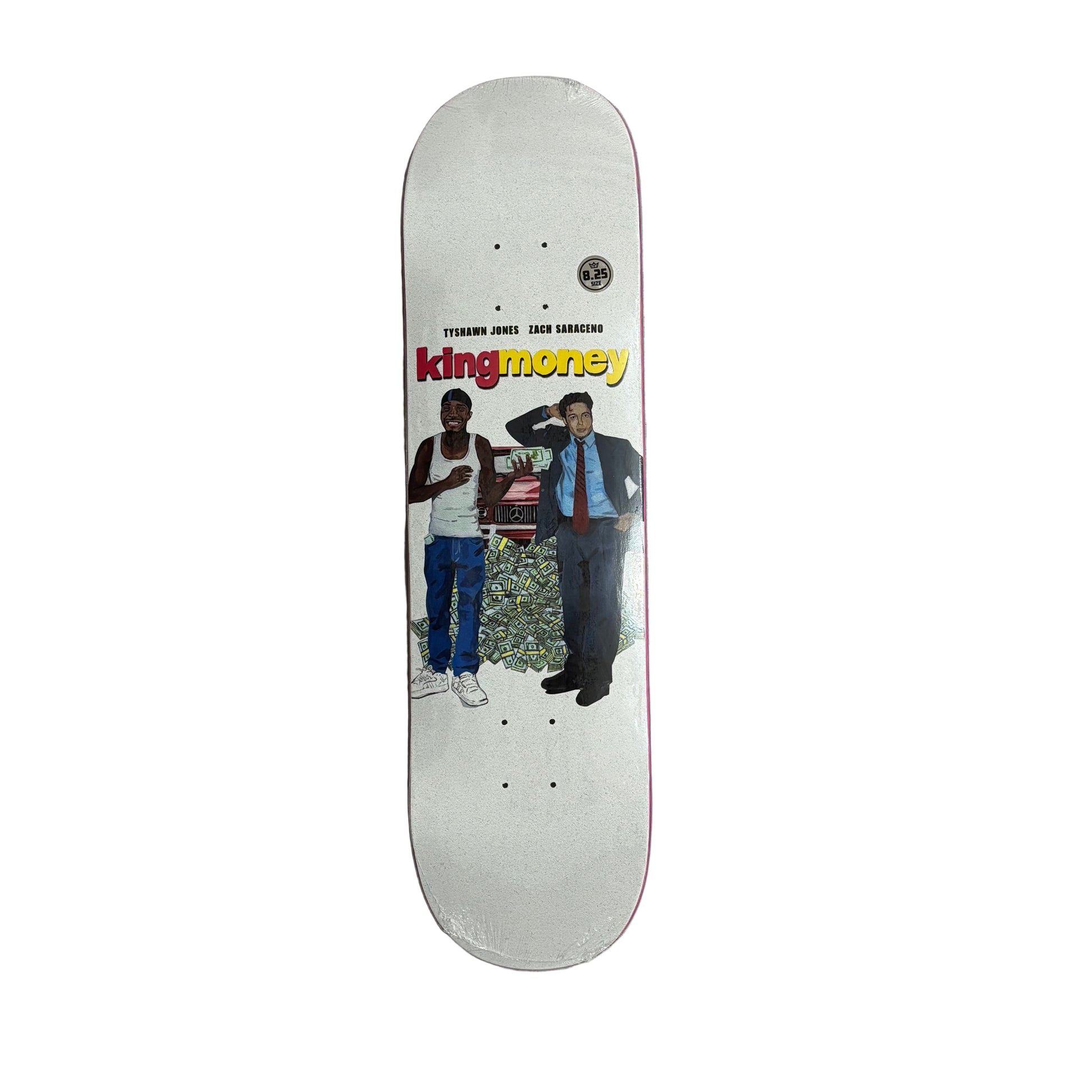 Skateboard deck with 'king money' branding and images of two people on a white surface.