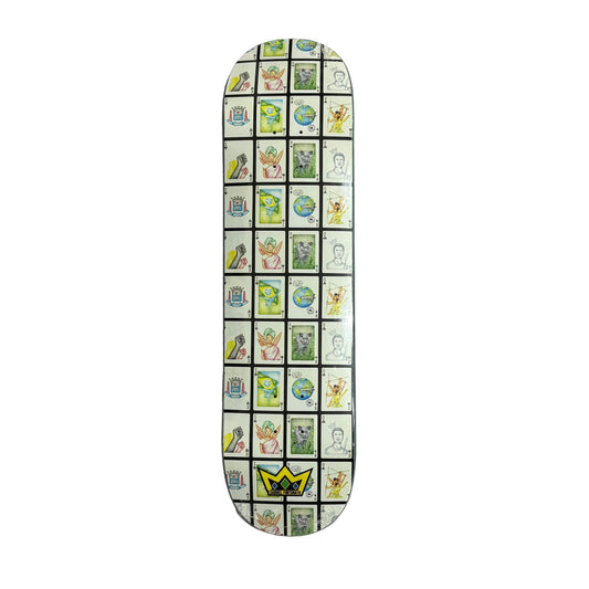 Skateboard deck with colorful pattern on a white surface