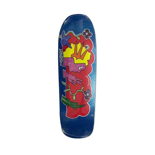 Colorful skateboard deck with cartoon design on a white  surface