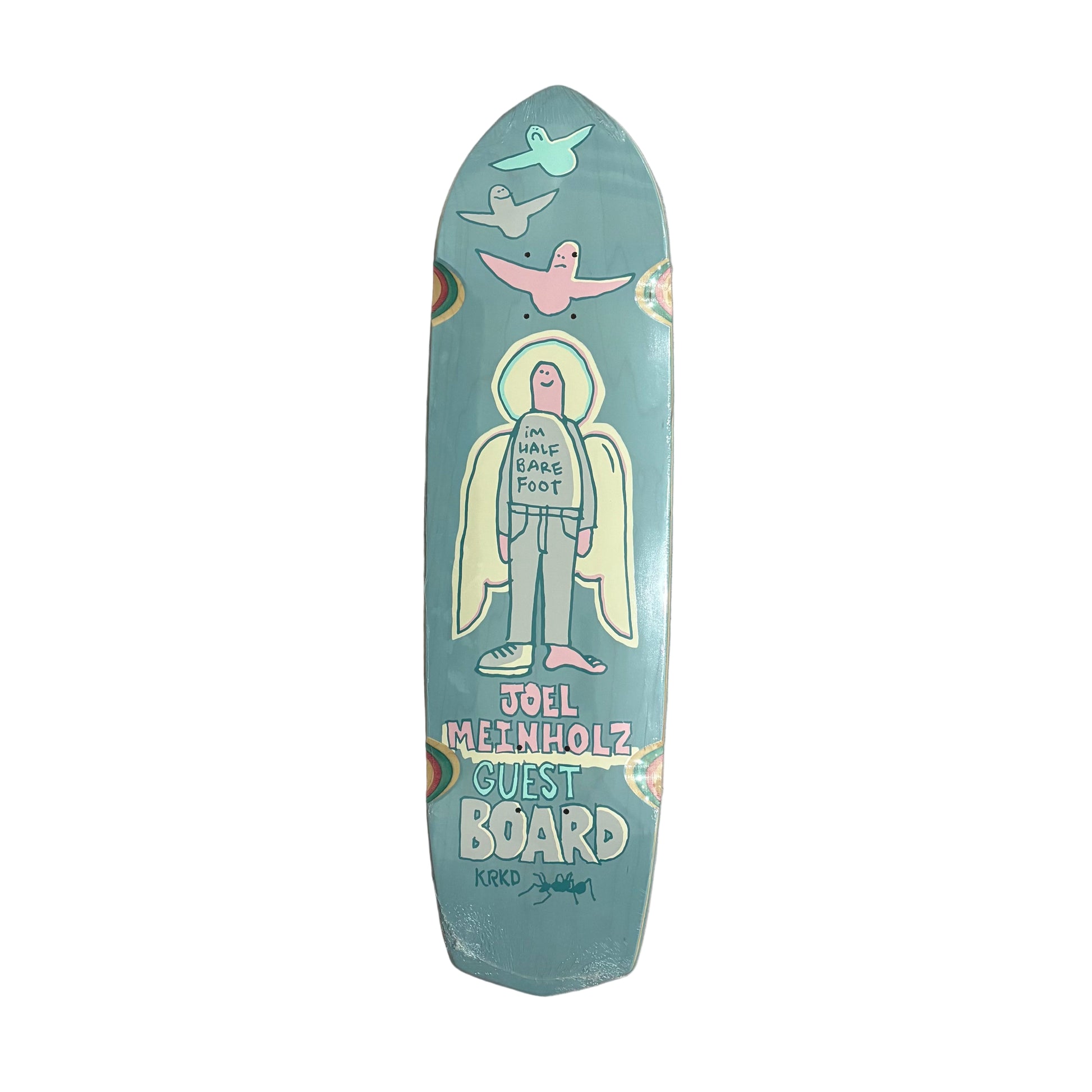 Skateboard deck with artwork and text on a white surface