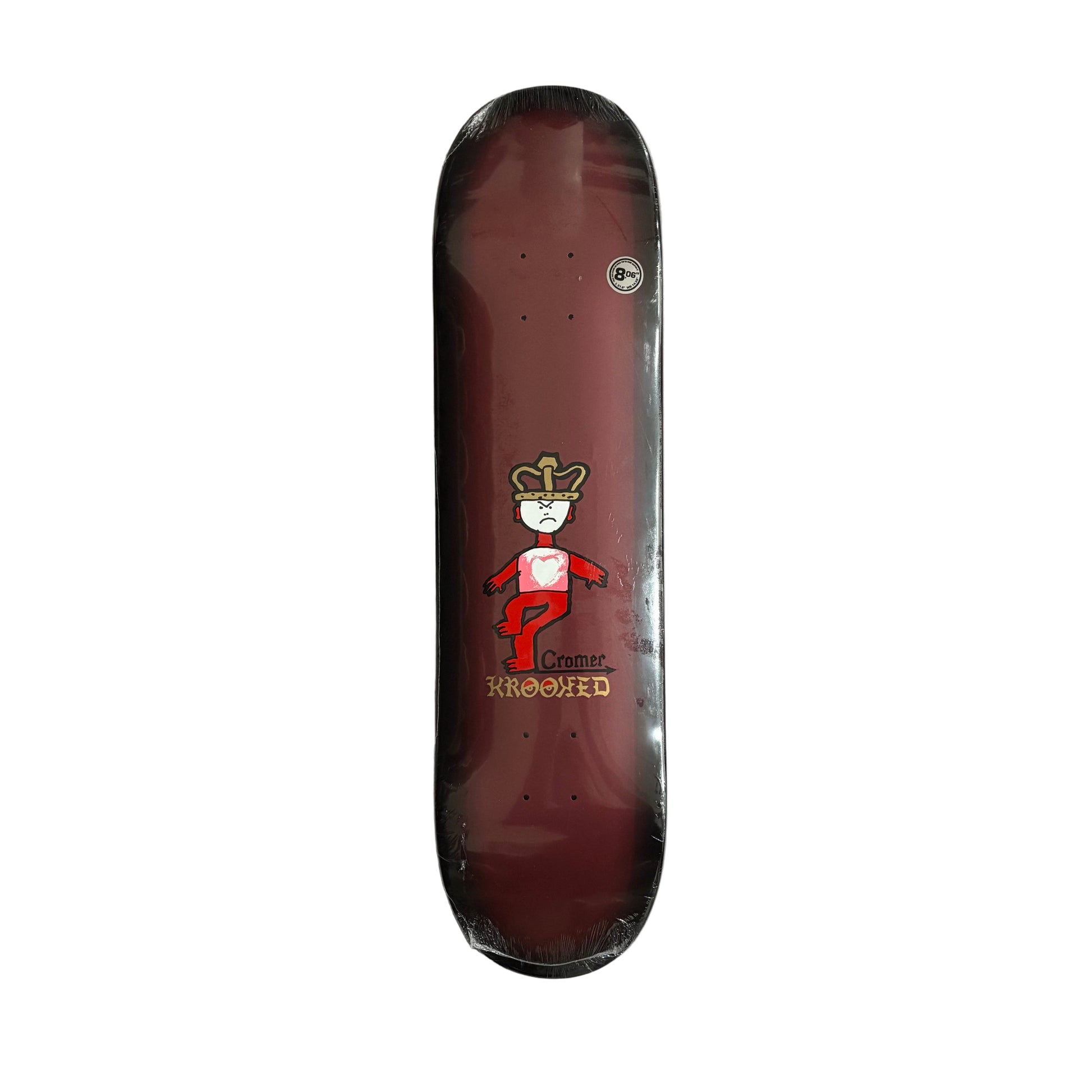 Skateboard deck with a logo on a white surface