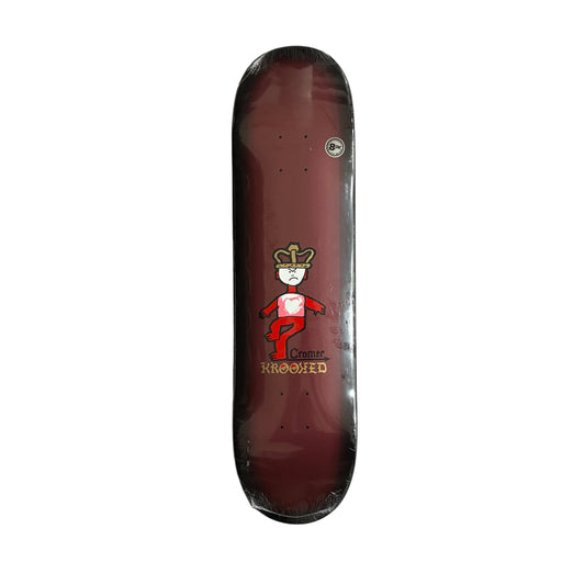 Skateboard deck with a logo on a white surface