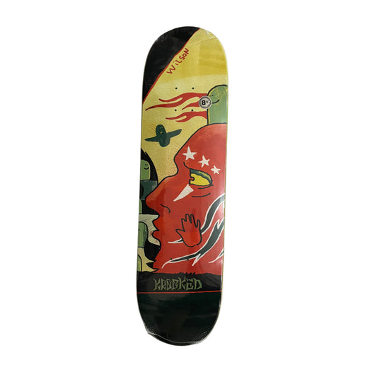 Skateboard deck with artistic design on a white surface