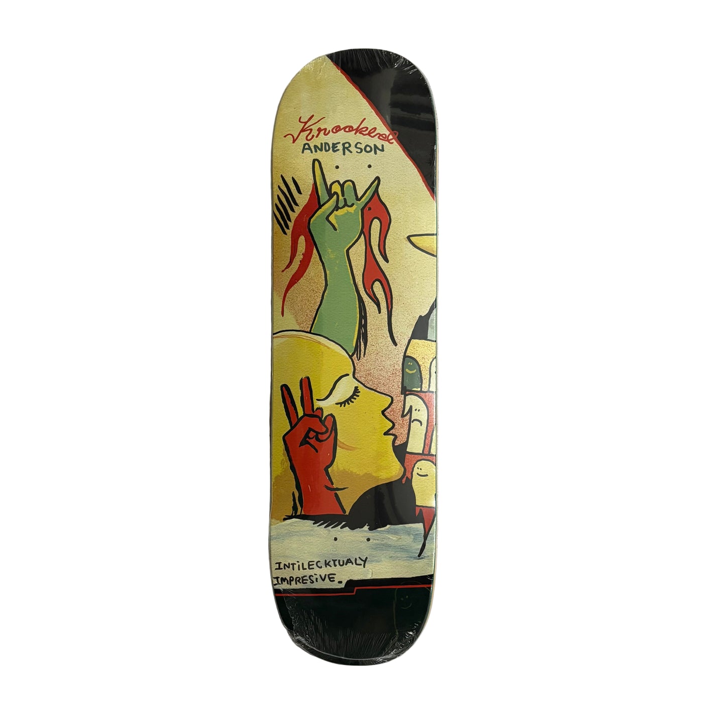 Skateboard deck with colorful artwork on a white surface