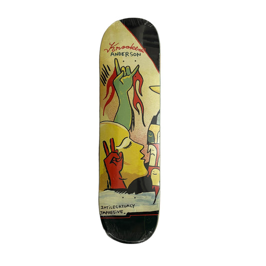 Skateboard deck with colorful artwork on a white surface