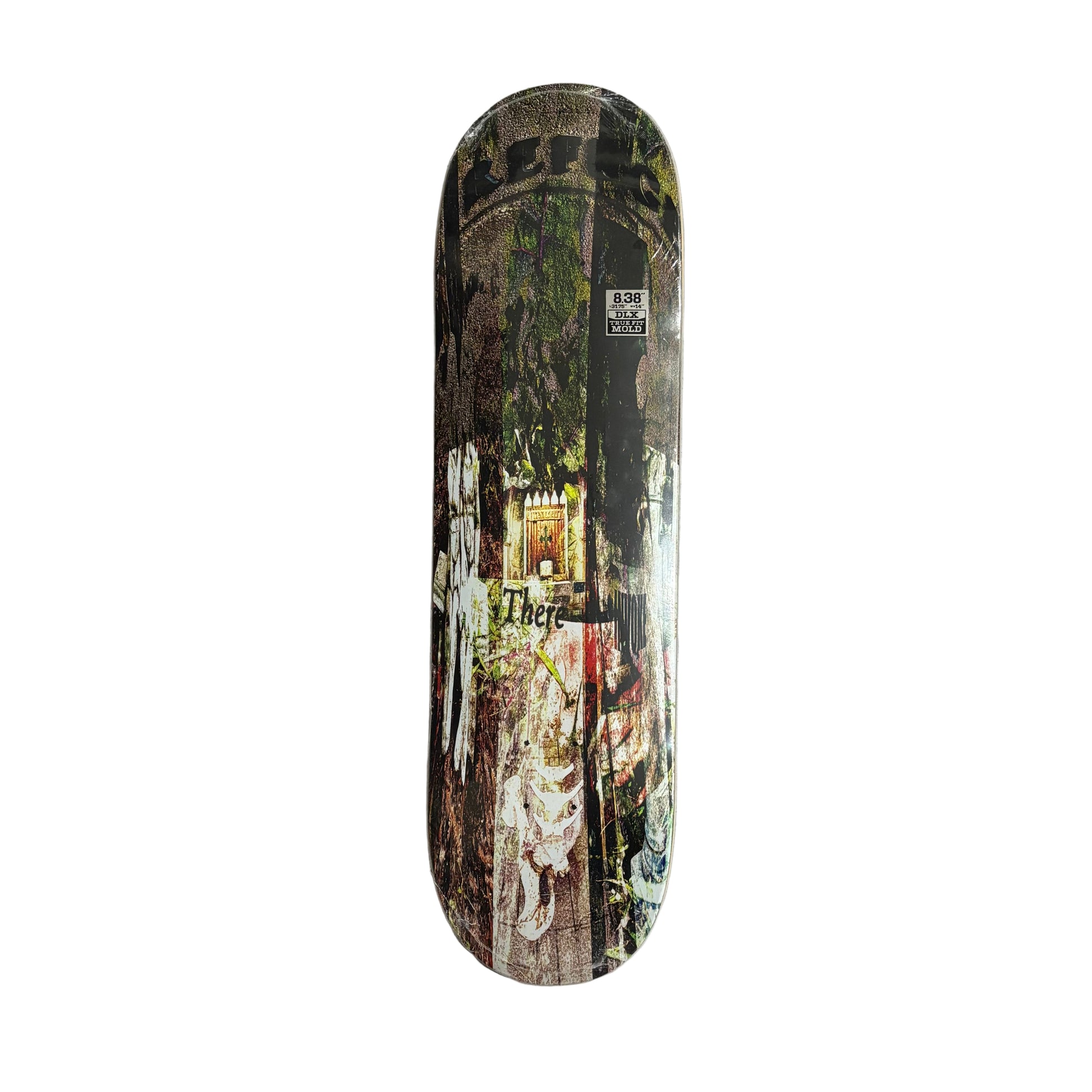 Skateboard deck with a graphic design on a white surface