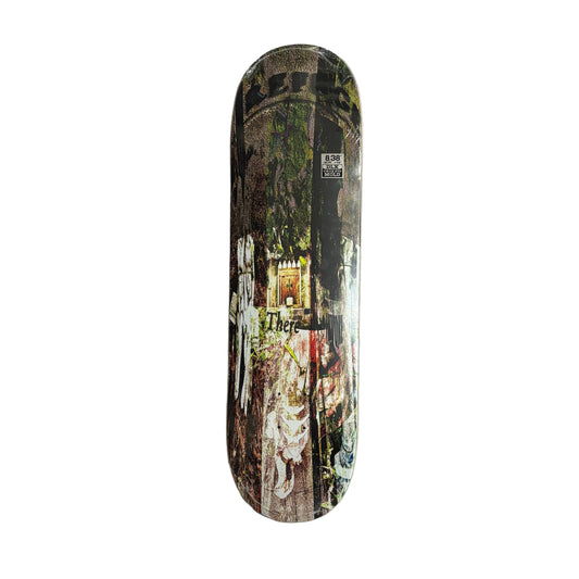 Skateboard deck with a graphic design on a white surface