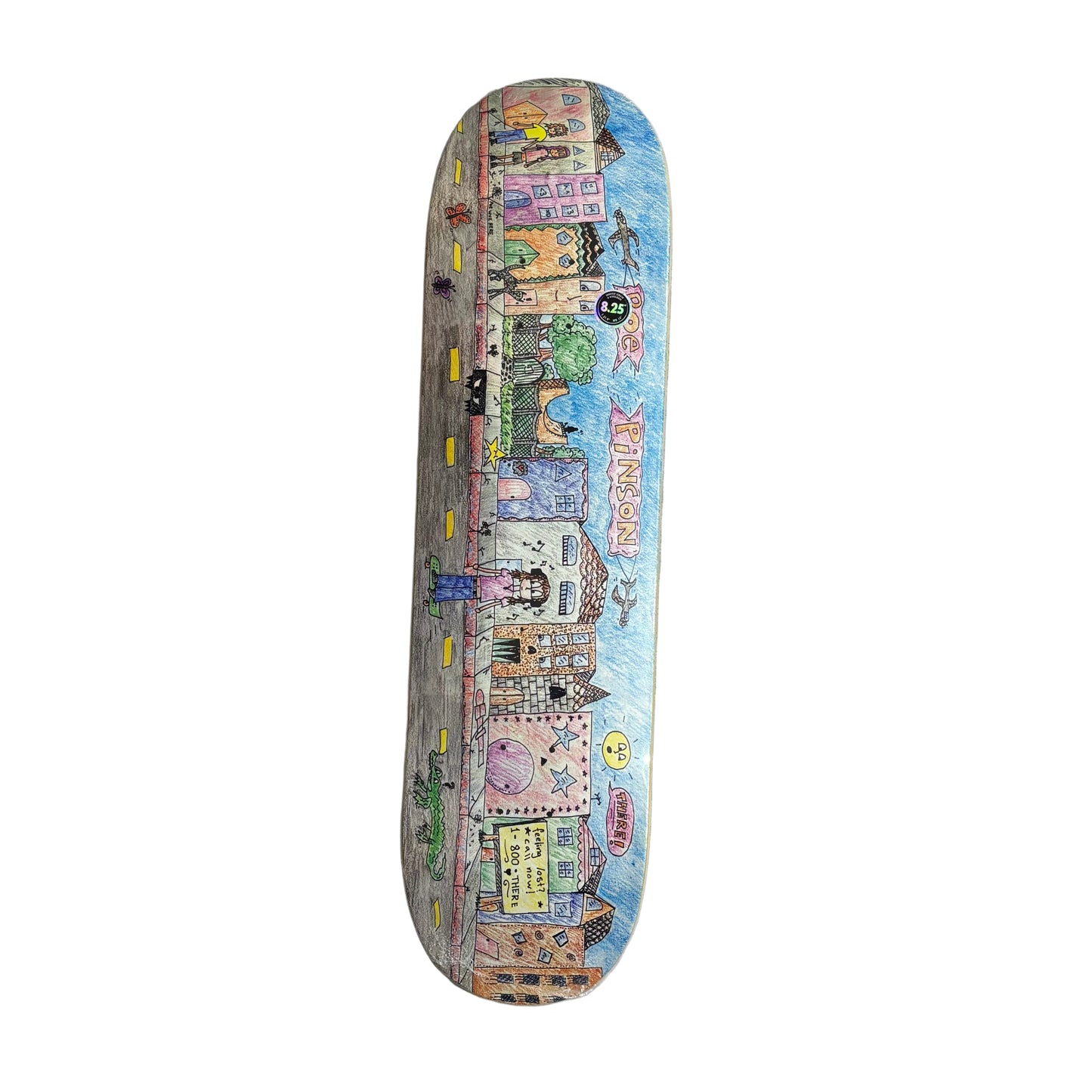 Skateboard deck with a colorful cityscape design on a white surface