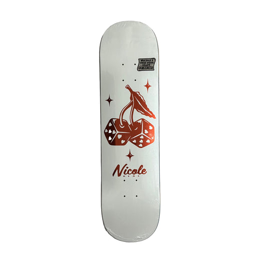 Skateboard deck with red design and 'Nicole' text on a white surface