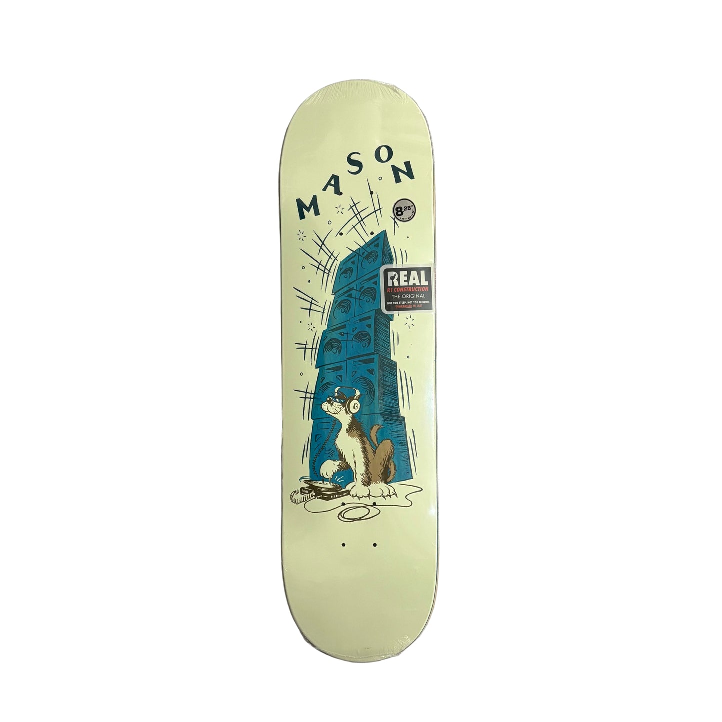 Skateboard deck with 'Mason' branding on a white surface