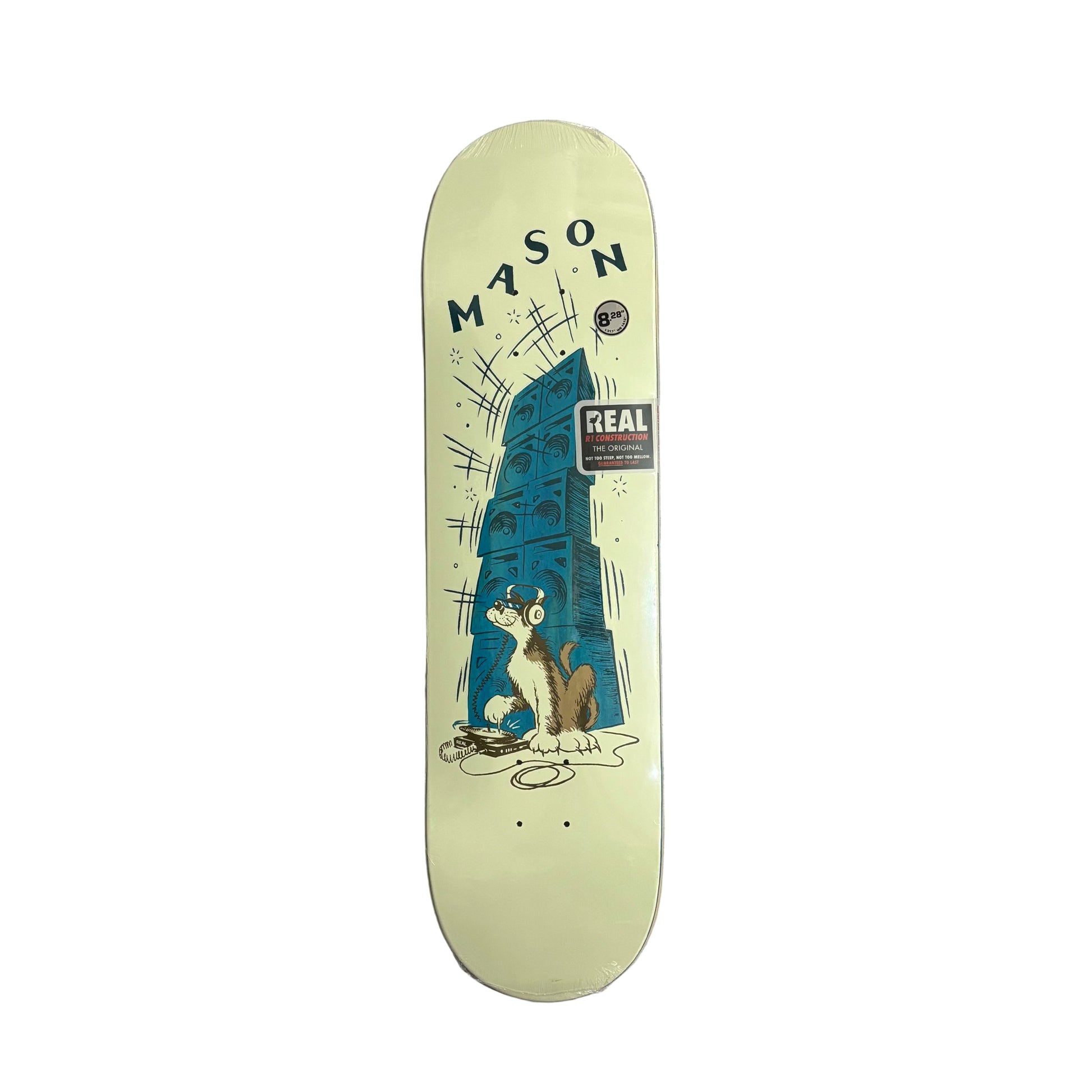 Skateboard deck with 'Mason' branding on a white surface