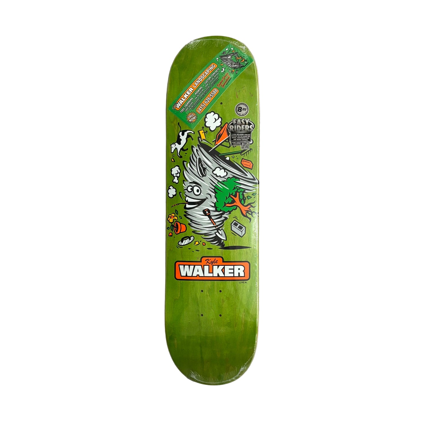 Green skateboard deck with a cartoon character design on a white surface