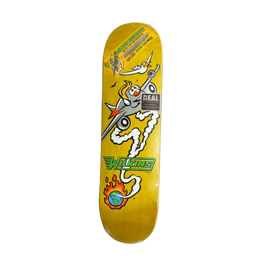 Skateboard deck with graphics on a white surface