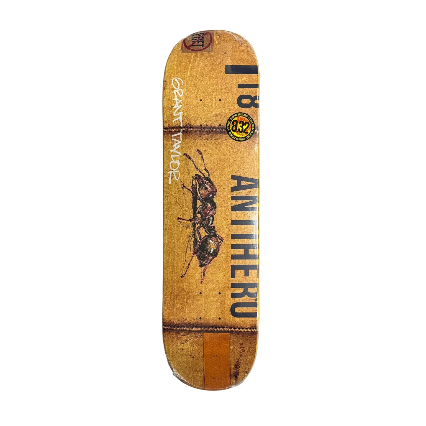 Skateboard deck with ant graphic and text on a white surface