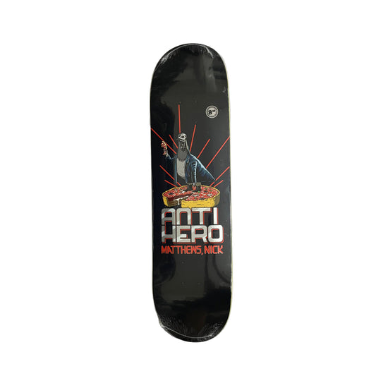Black skateboard deck with 'Anti Hero' branding on a white surface