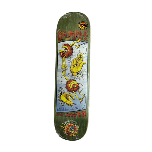 Skateboard deck with colorful graphics and text on a white surface