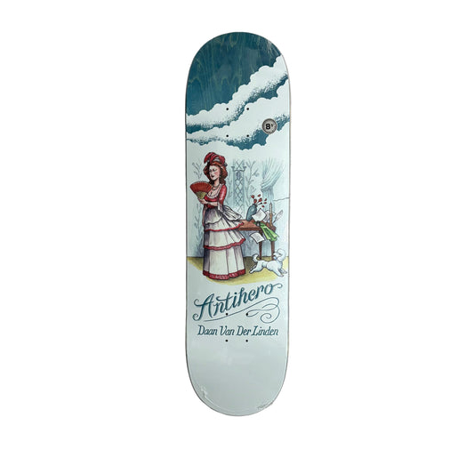 Skateboard deck with a decorative design on a white surface