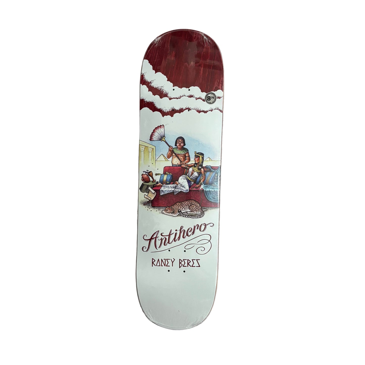 Skateboard deck with a colorful design on a white surface