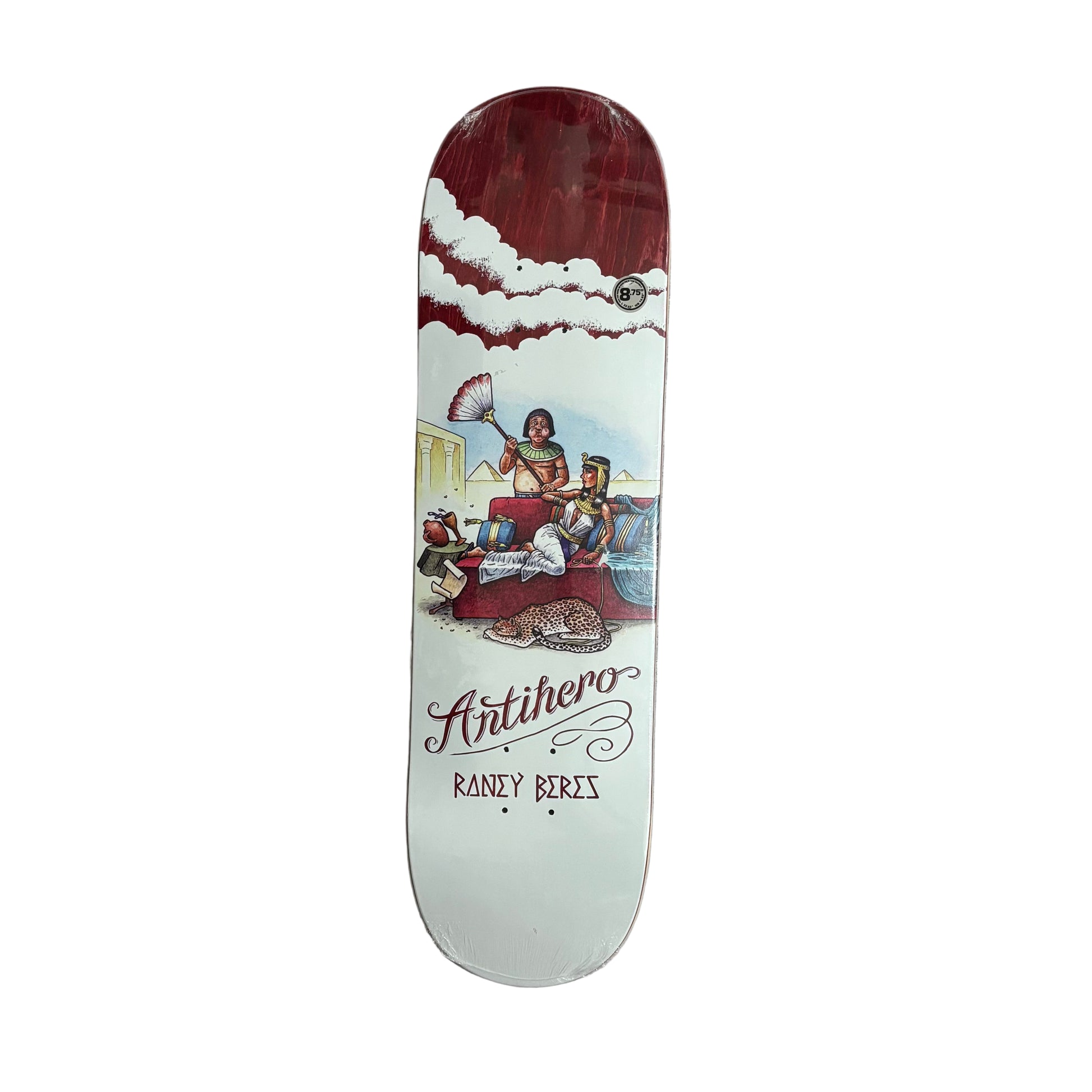 Skateboard deck with a colorful design on a white surface