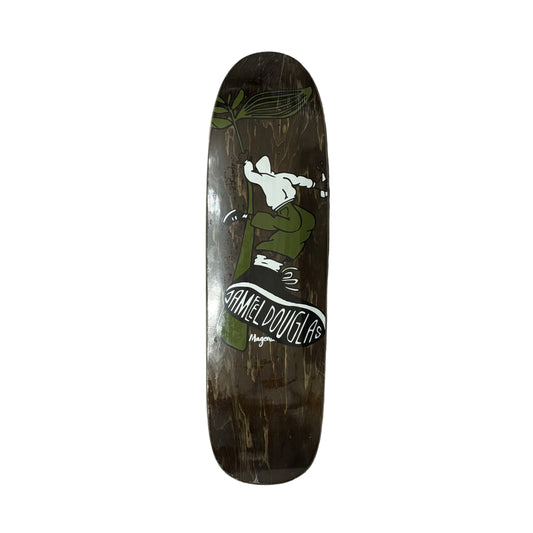 Skateboard deck with a graphic design on a white surface