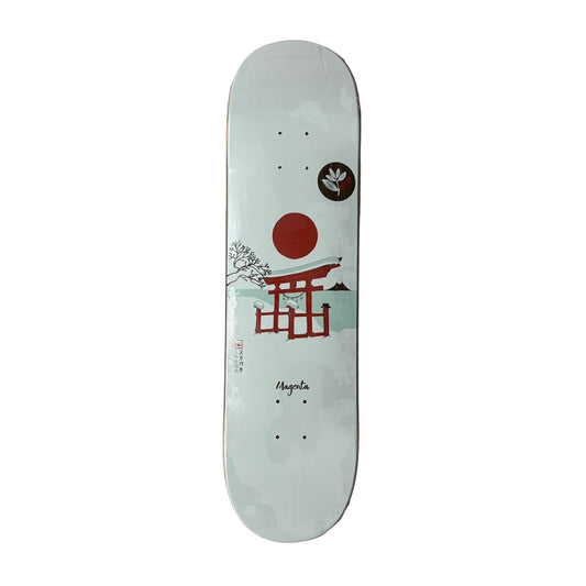 Skateboard deck with a design on a white surface