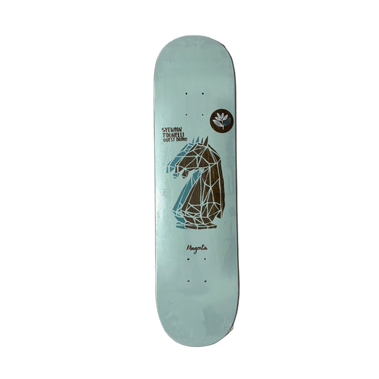 Skateboard deck with geometric horse design on a light blue background