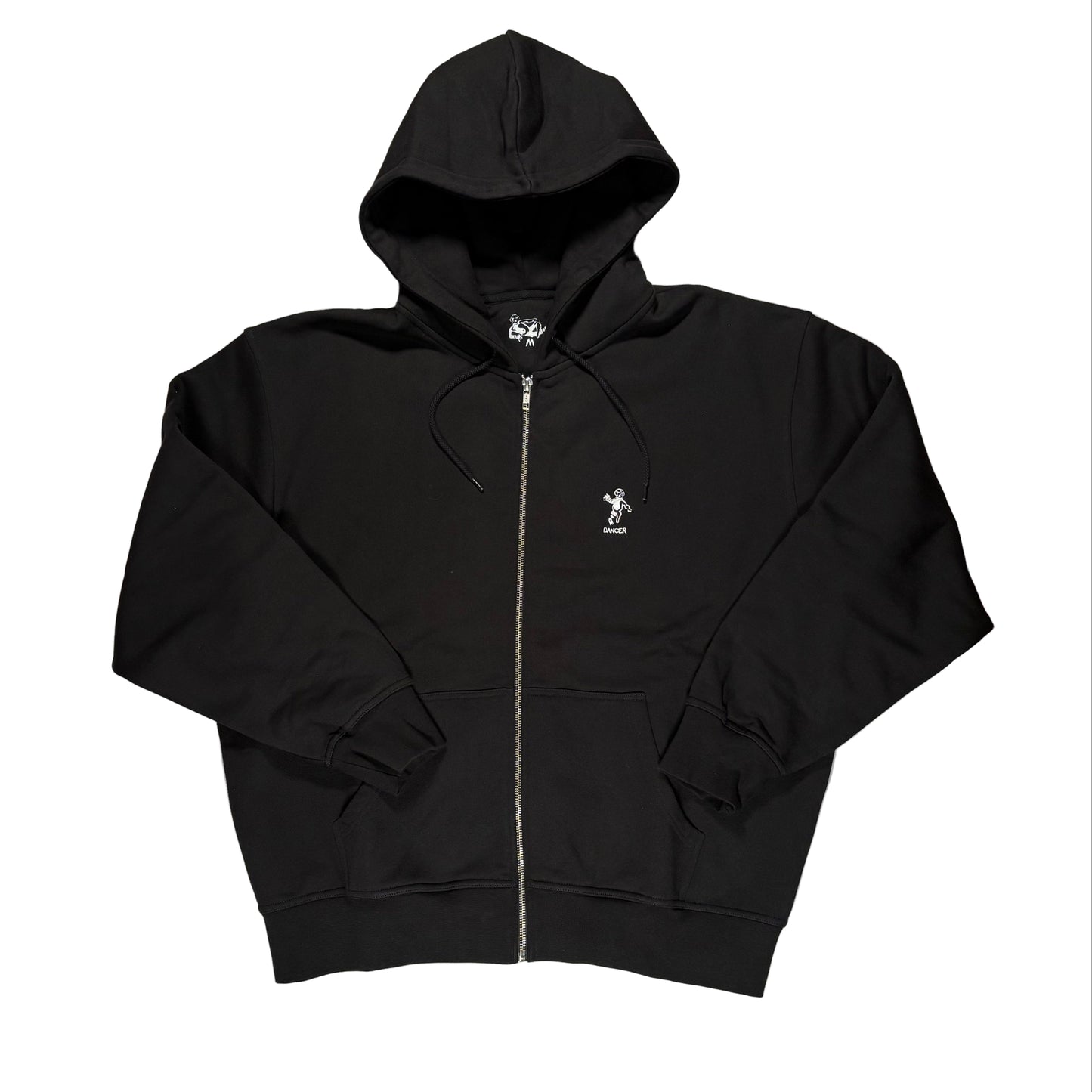 Black hoodie with a small dancer logo on a white surface
