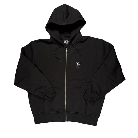 Black hoodie with a small dancer logo on a white surface