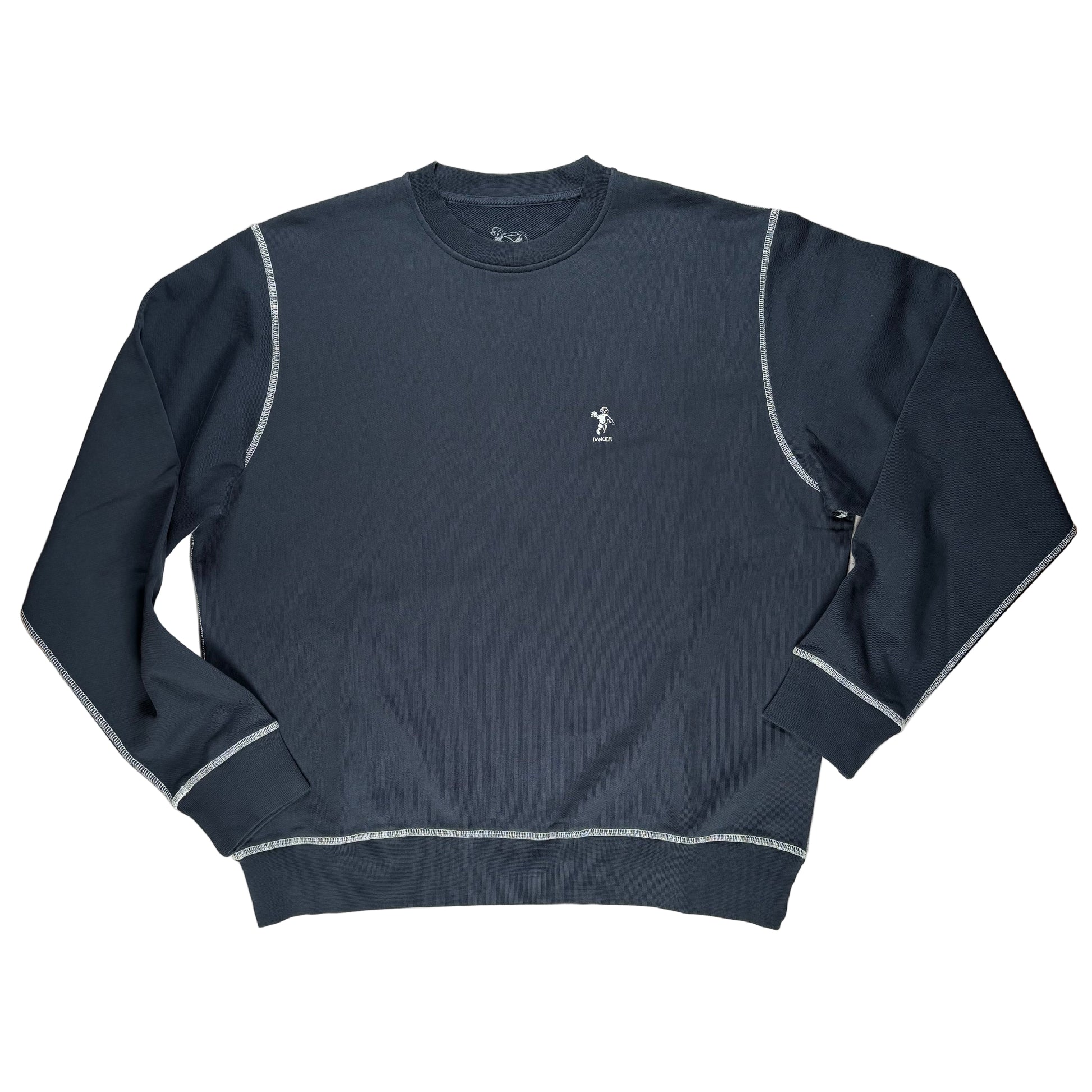 Dark blue sweatshirt with a small logo on a white surface