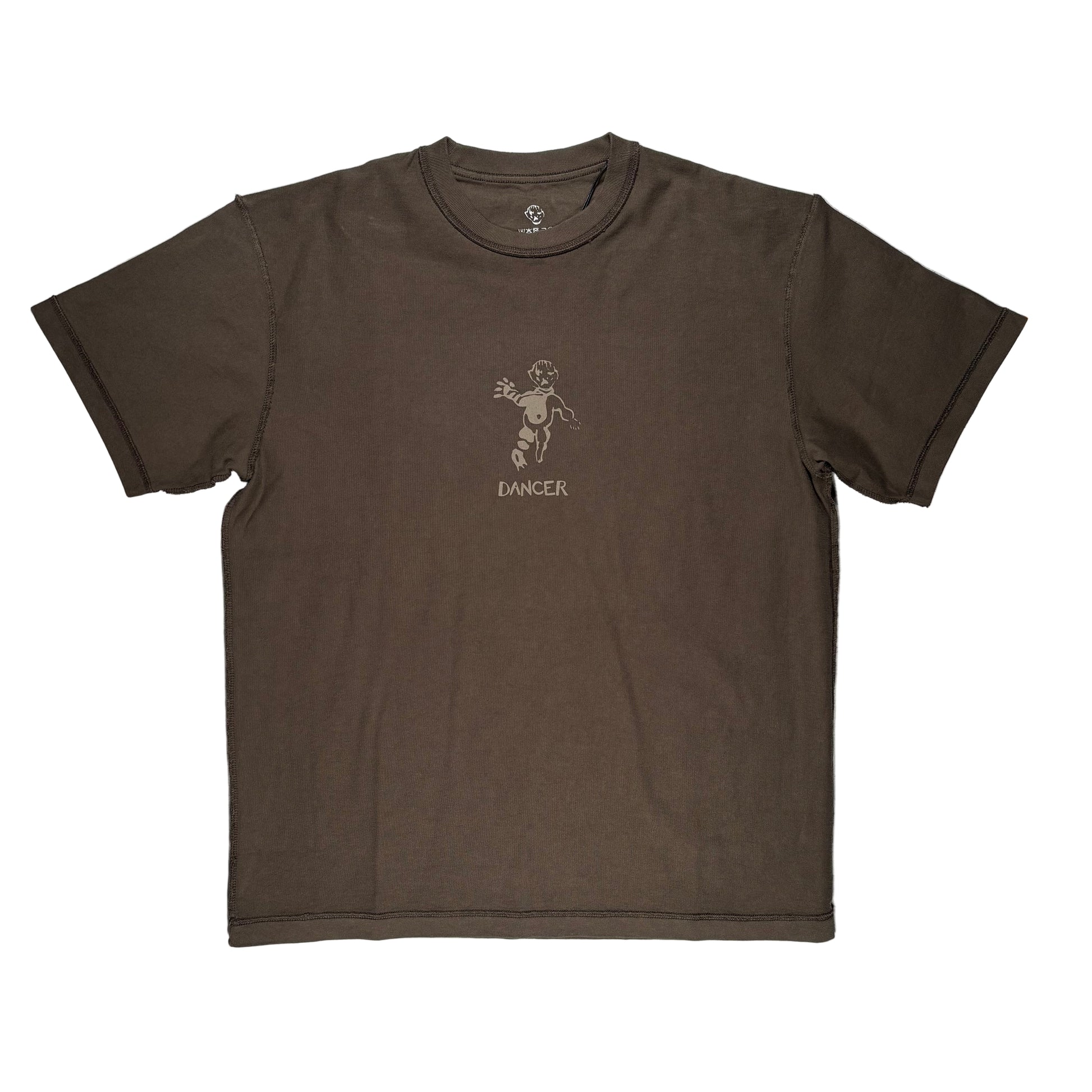 Brown washed style t-shirt with a graphic design on a white surface